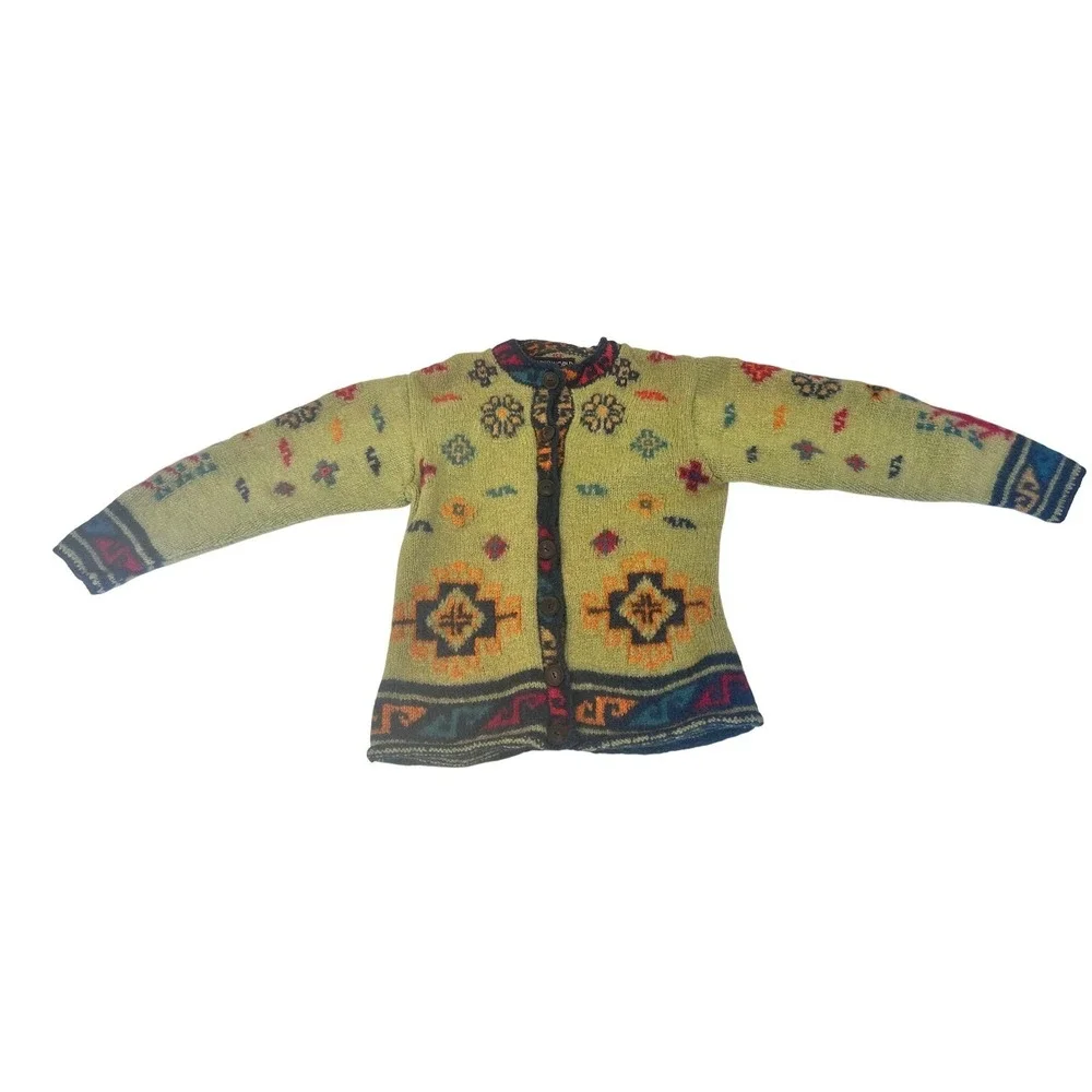 Bolder World Womens Wool Cardigan Sweater Green Southwestern Pattern Nepal Small
